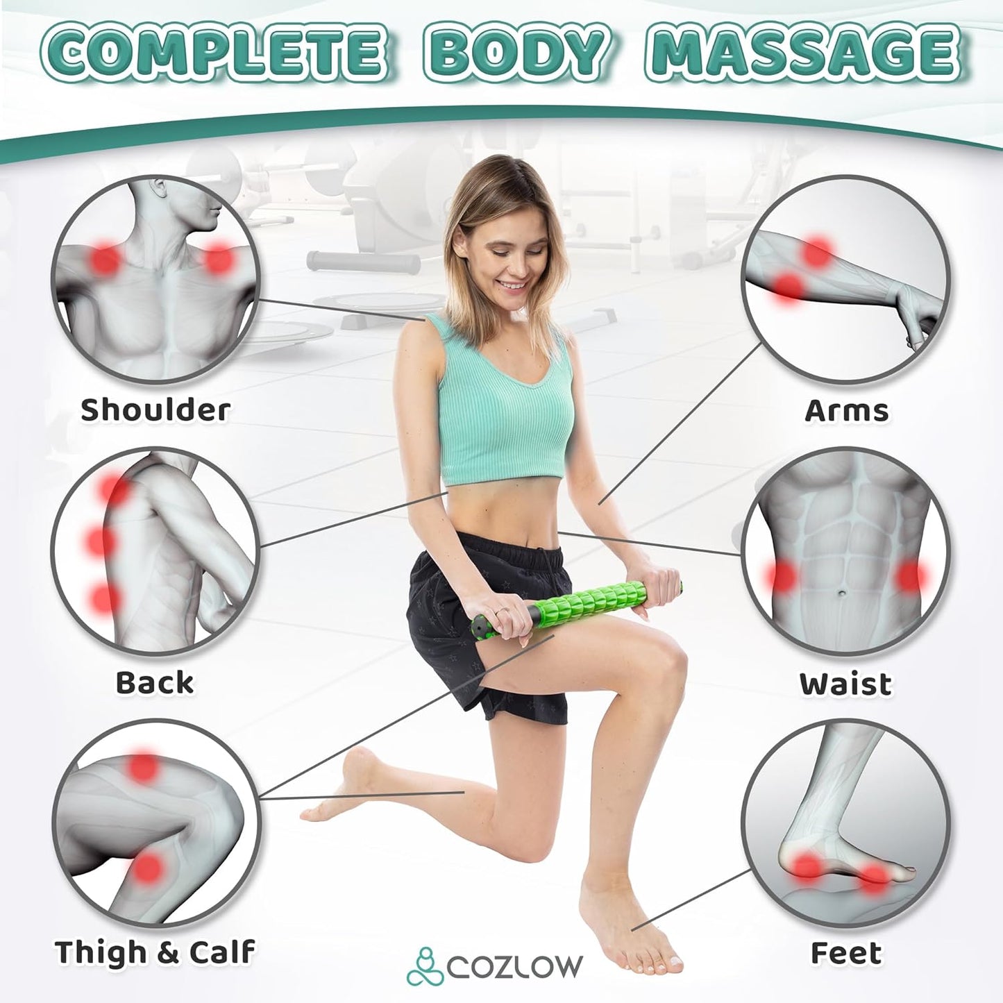 Revolutionize Your Recovery with the Cozlow Muscle Roller Stick - Black & Green - Ultimate Deep Tissue Massage Tool Featuring 9 Precision Rollers and Non-Slip Handles