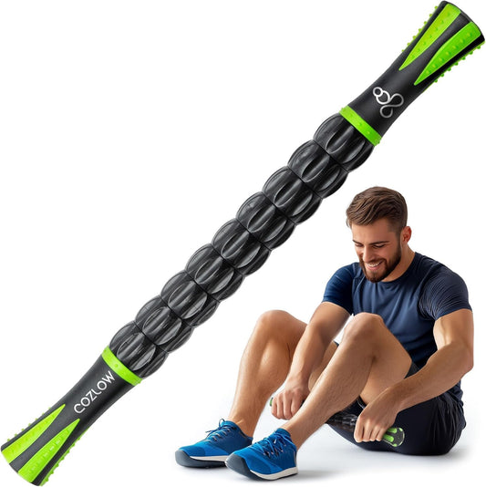 Revolutionize Your Recovery with the Cozlow Muscle Roller Stick - Black & Green - Ultimate Deep Tissue Massage Tool Featuring 9 Precision Rollers and Non-Slip Handles