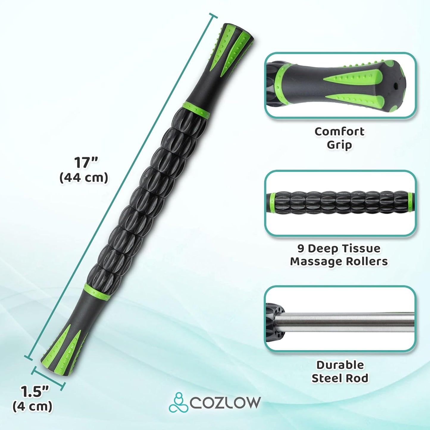 Revolutionize Your Recovery with the Cozlow Muscle Roller Stick - Black & Green - Ultimate Deep Tissue Massage Tool Featuring 9 Precision Rollers and Non-Slip Handles